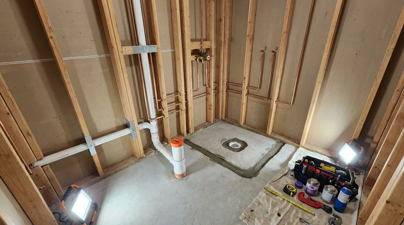 Bathroom rough-in plumbing during remodel by Johns Plumbing LLC in Mount Carmel