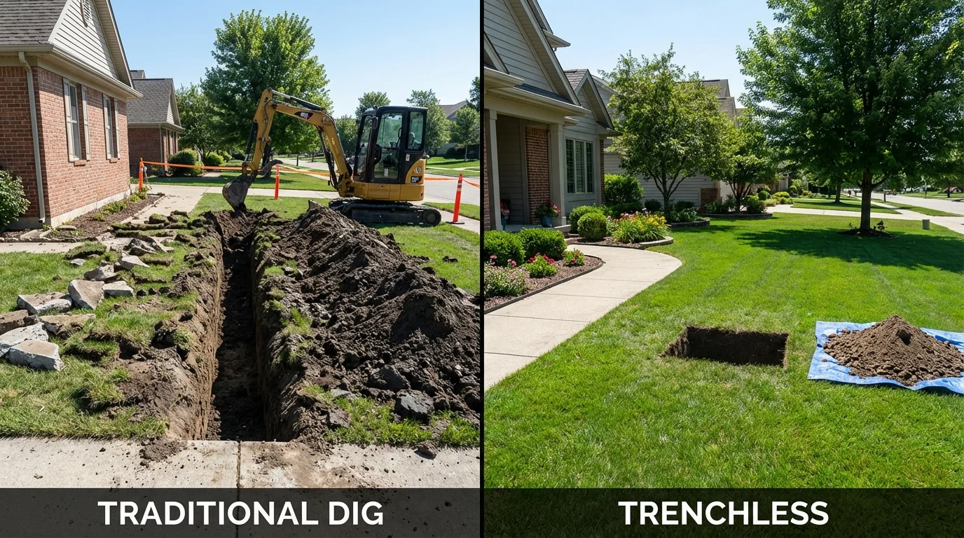 Trenchless sewer repair with minimal yard damage versus traditional excavation in Mount Carmel, TN