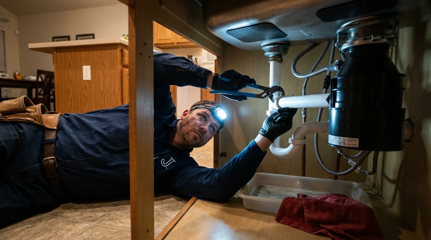 P-trap and supply line connections under a kitchen sink showing a common leak point in Mount Carmel, TN